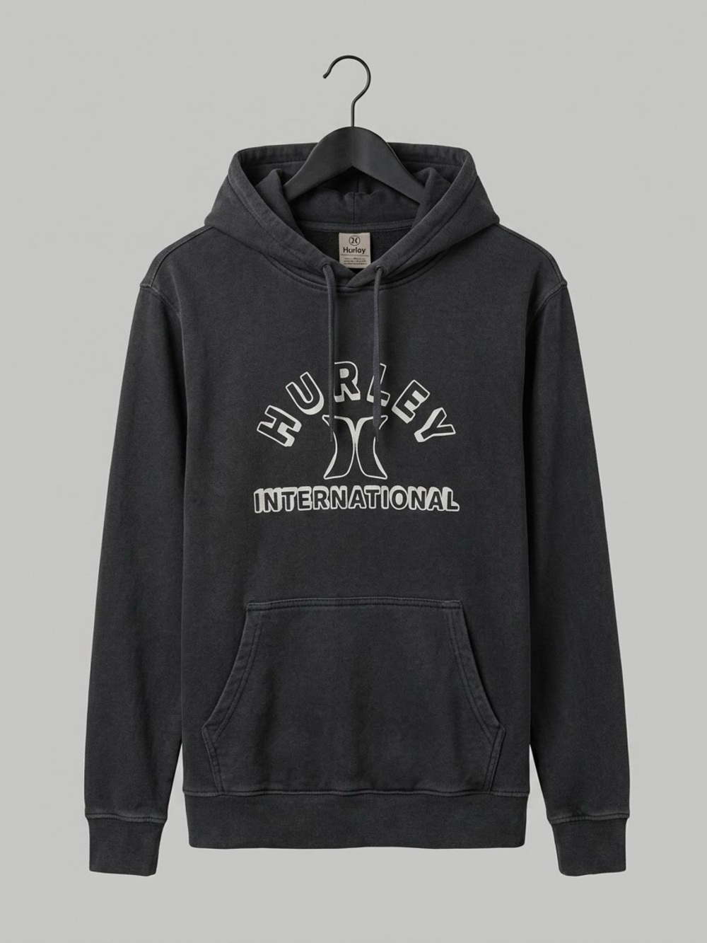 Hurley Size Medium Mens Vintage Washed Black Graphic Fleece Pullover Hoodie